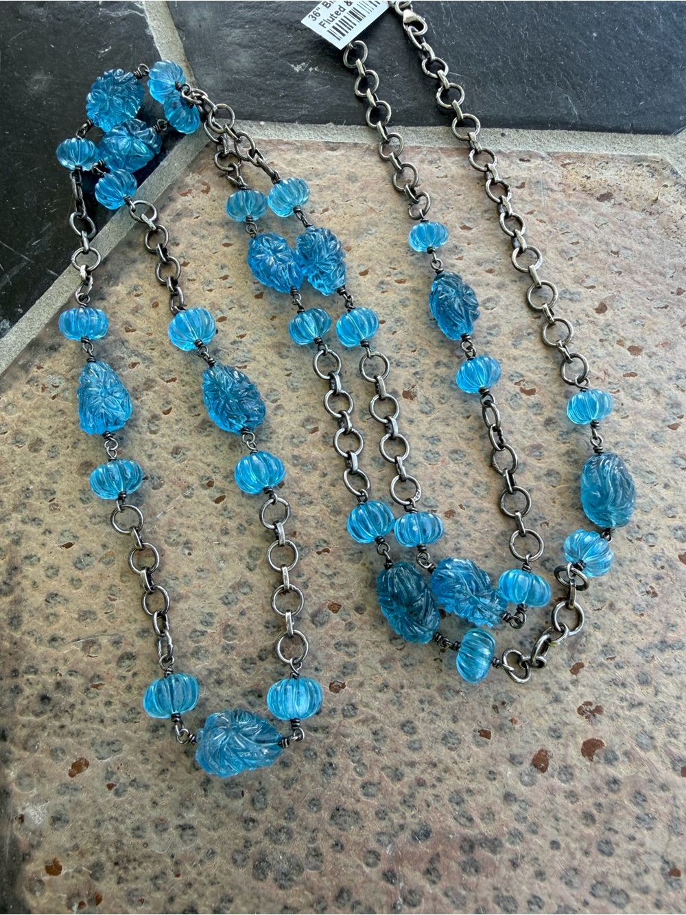 Blue Topaz carved fluted & flower Beads Long Necklace 36”